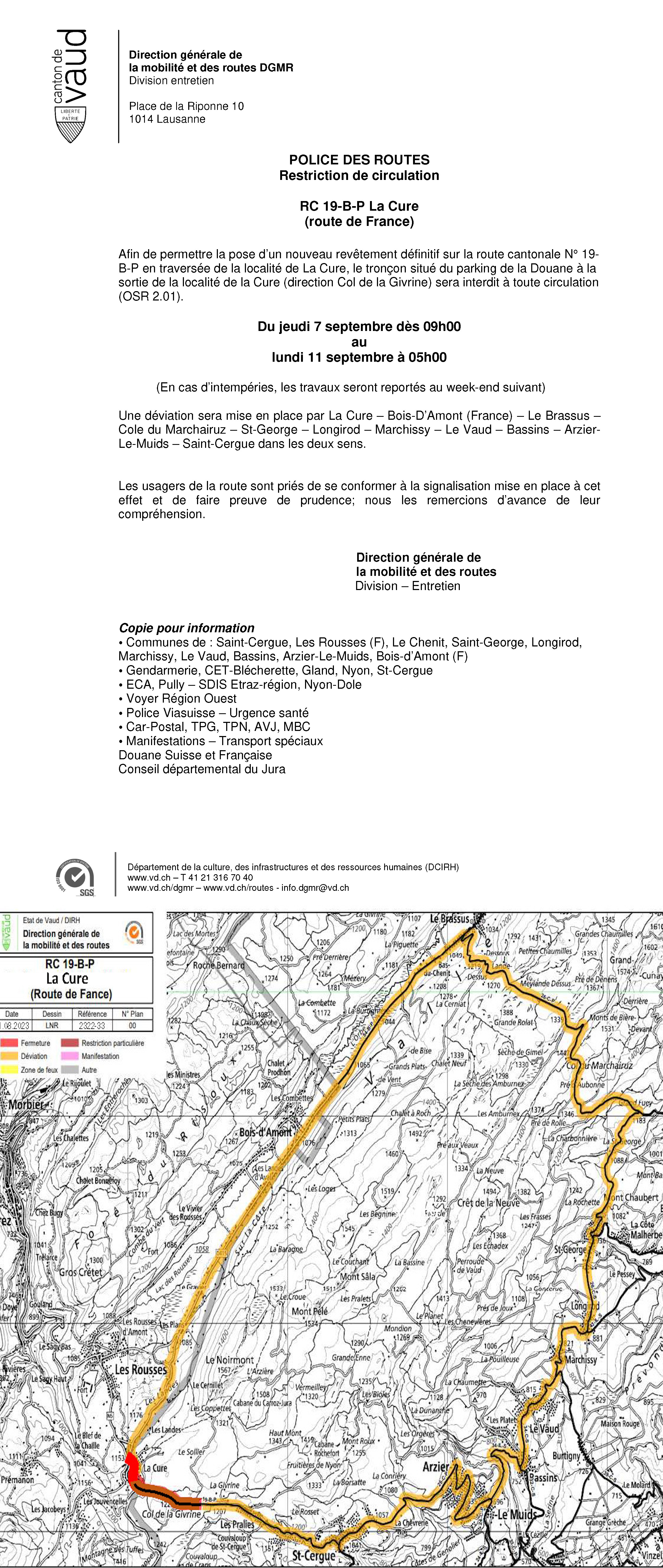 Info Travaux - Fermeture de l'accès au col de La Givrine depuis La Cure